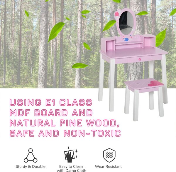 DecHome Set Tavolo Toeletta Specchio e Sgabello in Legno per Bambini Rosa