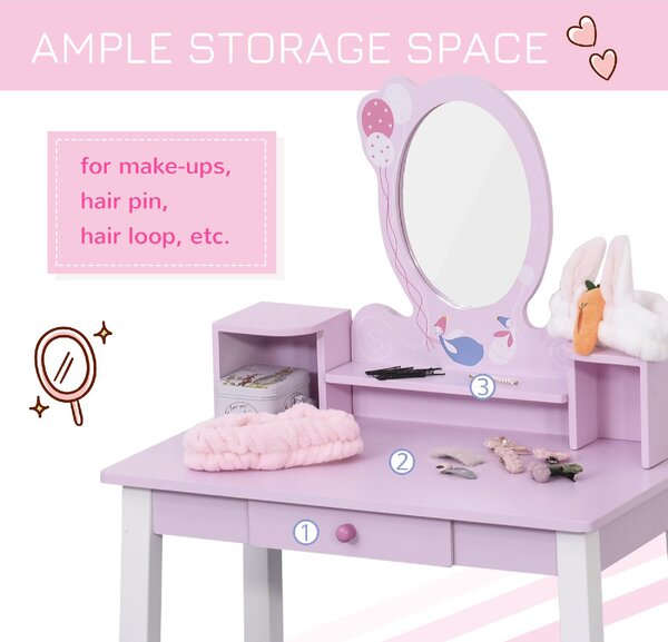 DecHome Set Tavolo Toeletta Specchio e Sgabello in Legno per Bambini Rosa