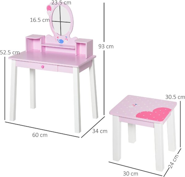DecHome Set Tavolo Toeletta Specchio e Sgabello in Legno per Bambini Rosa