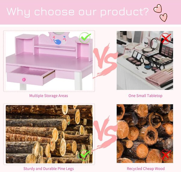 DecHome Set Tavolo Toeletta Specchio e Sgabello in Legno per Bambini Rosa