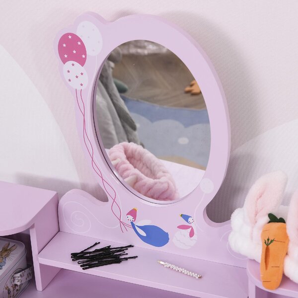 DecHome Set Tavolo Toeletta Specchio e Sgabello in Legno per Bambini Rosa