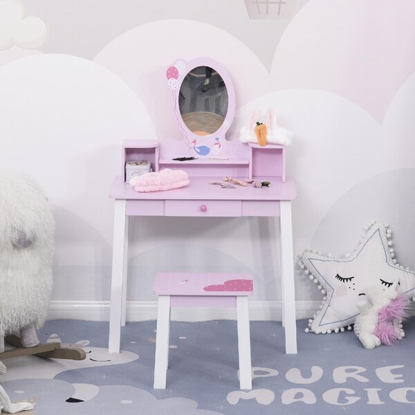 DecHome Set Tavolo Toeletta Specchio e Sgabello in Legno per Bambini Rosa