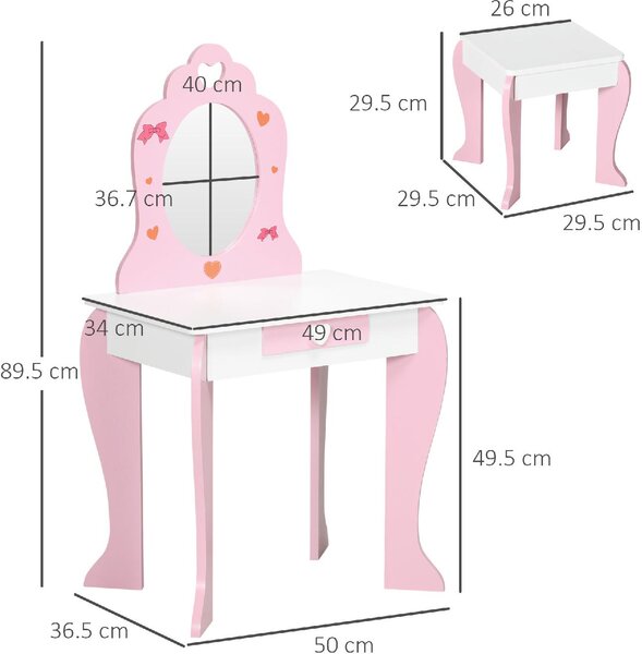 DecHome Set Tavolo Trucco con Sgabello Specchio e Cassetto in MDF per Bimbi 3-6 Anni Bianco e Rosa