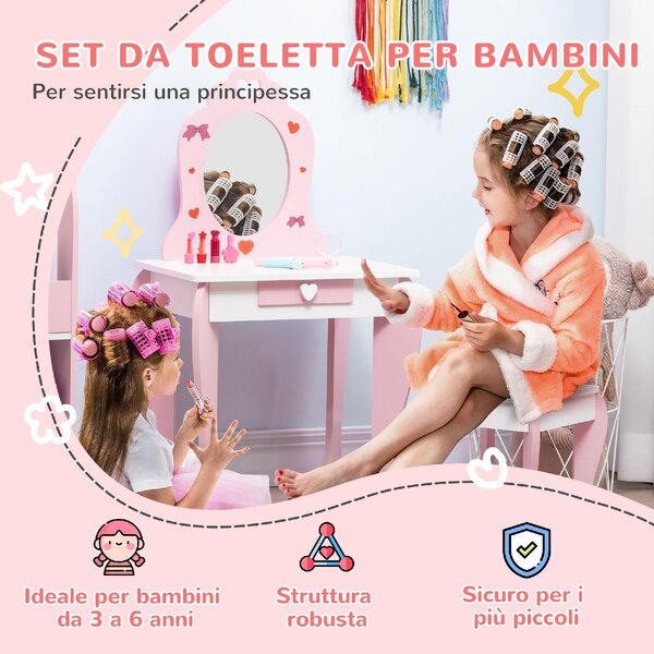 DecHome Set Tavolo Trucco con Sgabello Specchio e Cassetto in MDF per Bimbi 3-6 Anni Bianco e Rosa