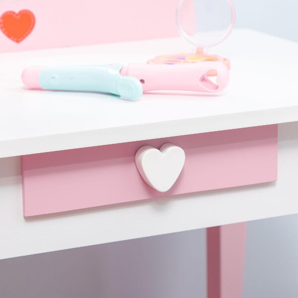 DecHome Set Tavolo Trucco con Sgabello Specchio e Cassetto in MDF per Bimbi 3-6 Anni Bianco e Rosa