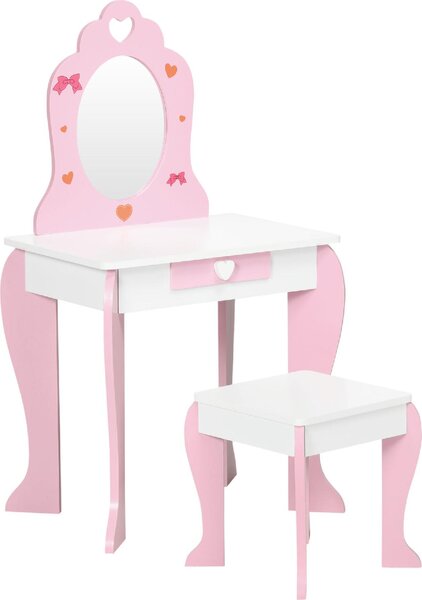 DecHome Set Tavolo Trucco con Sgabello Specchio e Cassetto in MDF per Bimbi 3-6 Anni Bianco e Rosa