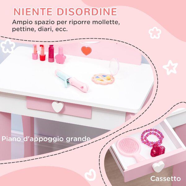 DecHome Set Tavolo Trucco con Sgabello Specchio e Cassetto in MDF per Bimbi 3-6 Anni Bianco e Rosa