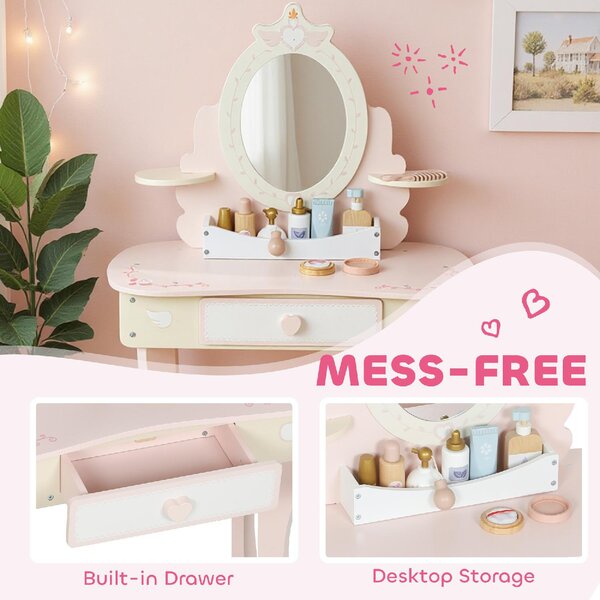 DecHome Set Toeletta per Bambini con Specchio e Sgabello in Legno 2 in 1 con 7 Accessori Inclusi colore Rosa