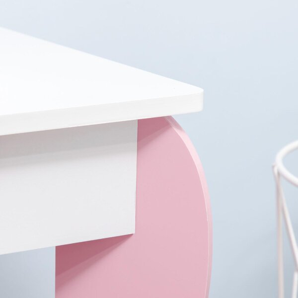 DecHome Set Tavolo Trucco con Sgabello Specchio e Cassetto in MDF per Bimbi 3-6 Anni Bianco e Rosa