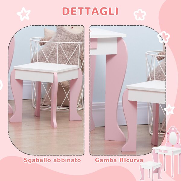 DecHome Set Tavolo Trucco con Sgabello Specchio e Cassetto in MDF per Bimbi 3-6 Anni Bianco e Rosa