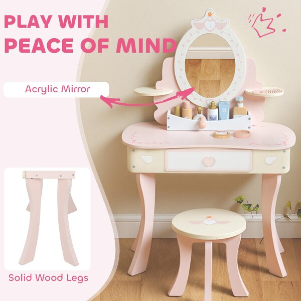DecHome Set Toeletta per Bambini con Specchio e Sgabello in Legno 2 in 1 con 7 Accessori Inclusi colore Rosa