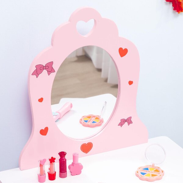 DecHome Set Tavolo Trucco con Sgabello Specchio e Cassetto in MDF per Bimbi 3-6 Anni Bianco e Rosa