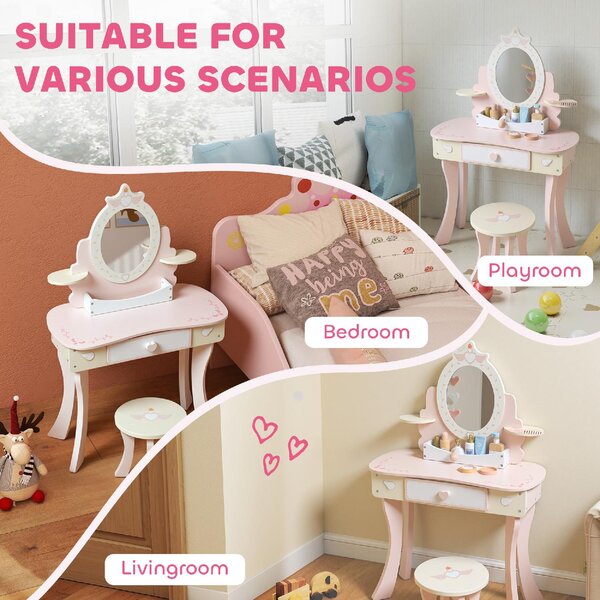 DecHome Set Toeletta per Bambini con Specchio e Sgabello in Legno 2 in 1 con 7 Accessori Inclusi colore Rosa