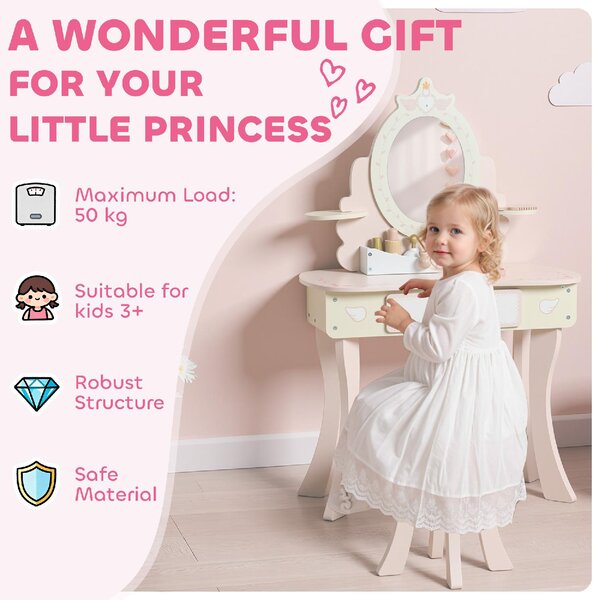 DecHome Set Toeletta per Bambini con Specchio e Sgabello in Legno 2 in 1 con 7 Accessori Inclusi colore Rosa