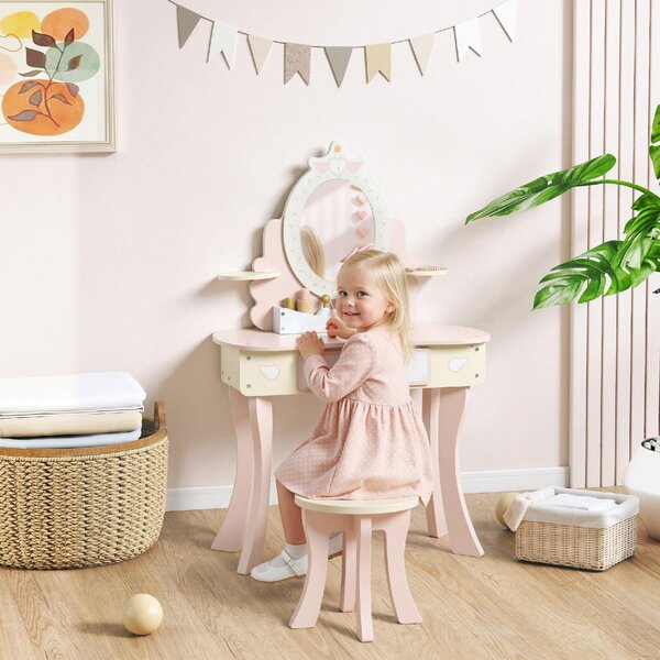 DecHome Set Toeletta per Bambini con Specchio e Sgabello in Legno 2 in 1 con 7 Accessori Inclusi colore Rosa