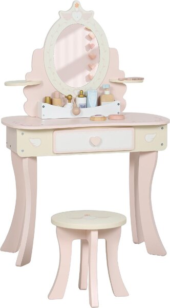 DecHome Set Toeletta per Bambini con Specchio e Sgabello in Legno 2 in 1 con 7 Accessori Inclusi colore Rosa