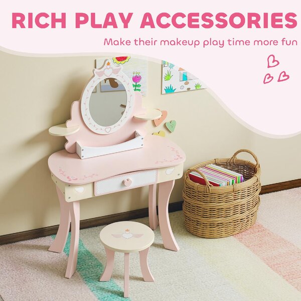 DecHome Set Toeletta per Bambini con Specchio e Sgabello in Legno 2 in 1 con 7 Accessori Inclusi colore Rosa
