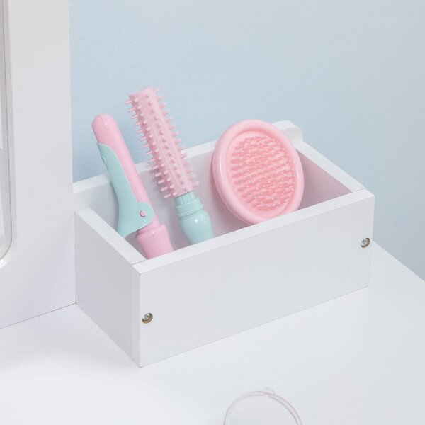 DecHome Set Toeletta per Bambini con Tavolo Trucco e Sgabello Specchio e 2 Cassetti colore Bianco/Legno