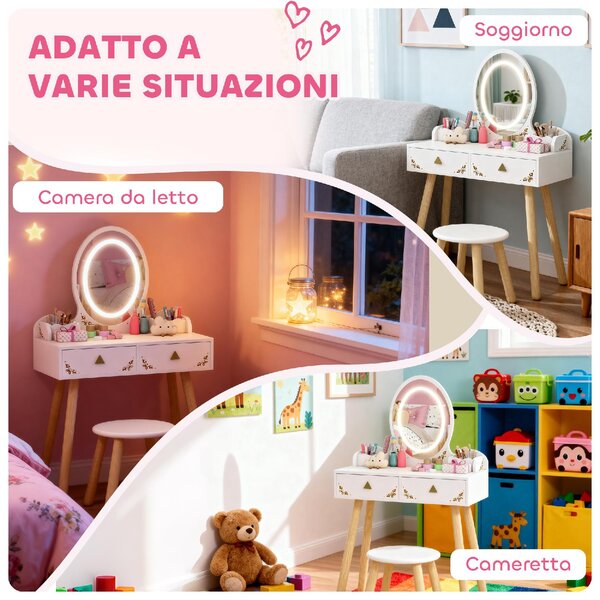 DecHome Set Toeletta per Bambini da 3 Anni con Specchio Illuminato e Sgabello, 2 Cassetti e 2 Scatole colore Bianco