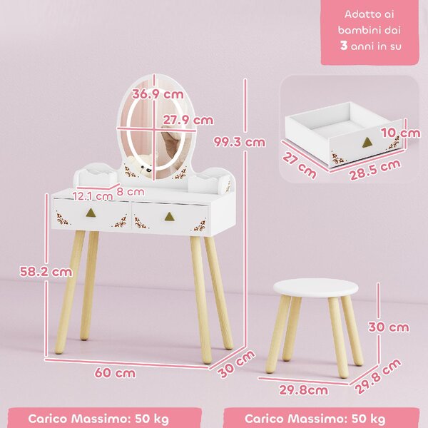 DecHome Set Toeletta per Bambini da 3 Anni con Specchio Illuminato e Sgabello, 2 Cassetti e 2 Scatole colore Bianco