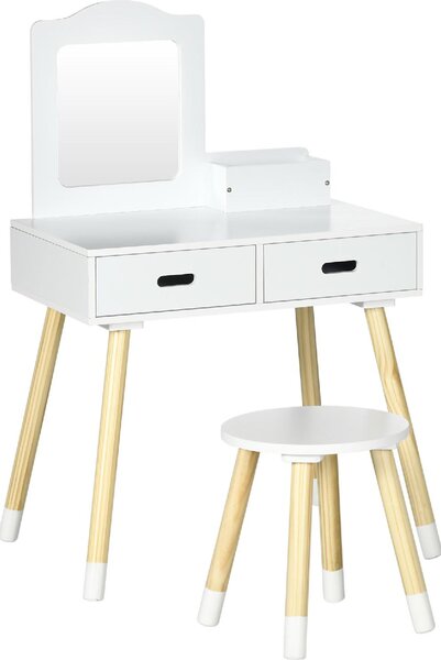 DecHome Set Toeletta per Bambini con Tavolo Trucco e Sgabello Specchio e 2 Cassetti colore Bianco/Legno