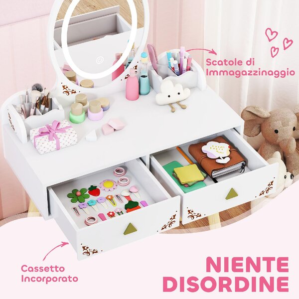 DecHome Set Toeletta per Bambini da 3 Anni con Specchio Illuminato e Sgabello, 2 Cassetti e 2 Scatole colore Bianco