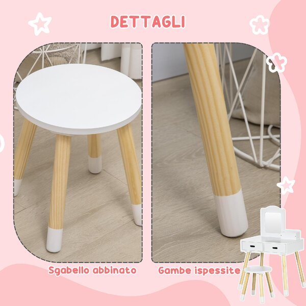 DecHome Set Toeletta per Bambini con Tavolo Trucco e Sgabello Specchio e 2 Cassetti colore Bianco/Legno