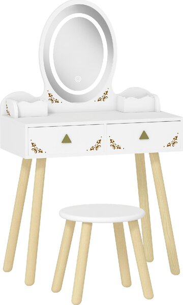 DecHome Set Toeletta per Bambini da 3 Anni con Specchio Illuminato e Sgabello, 2 Cassetti e 2 Scatole colore Bianco