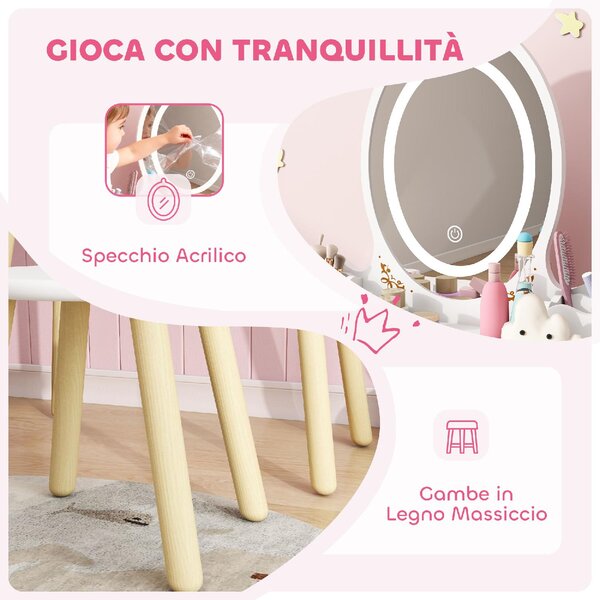 DecHome Set Toeletta per Bambini da 3 Anni con Specchio Illuminato e Sgabello, 2 Cassetti e 2 Scatole colore Bianco
