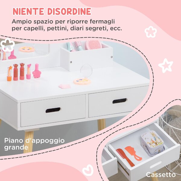 DecHome Set Toeletta per Bambini con Tavolo Trucco e Sgabello Specchio e 2 Cassetti colore Bianco/Legno