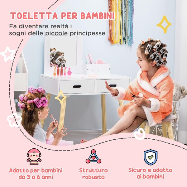 DecHome Set Toeletta per Bambini con Tavolo Trucco e Sgabello Specchio e 2 Cassetti colore Bianco/Legno
