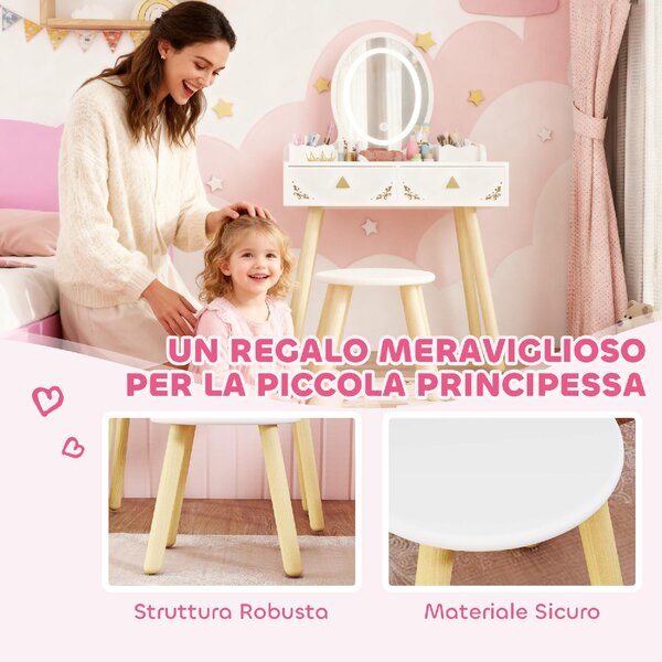 DecHome Set Toeletta per Bambini da 3 Anni con Specchio Illuminato e Sgabello, 2 Cassetti e 2 Scatole colore Bianco