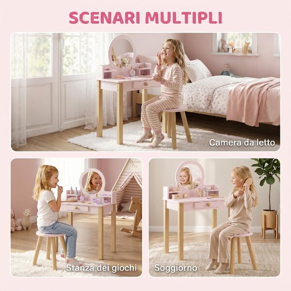 DecHome Set Toeletta Trucco per Bambini 3-6 Anni con Sgabello Specchio e Cassetto in Legno colore Rosa