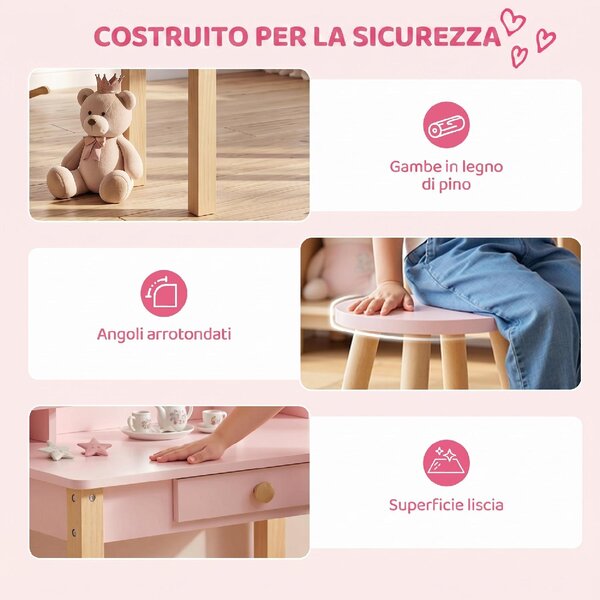 DecHome Set Toeletta Trucco per Bambini 3-6 Anni con Sgabello Specchio e Cassetto in Legno colore Rosa