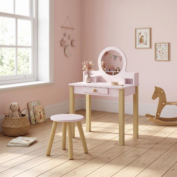 DecHome Set Toeletta Trucco per Bambini 3-6 Anni con Sgabello Specchio e Cassetto in Legno colore Rosa