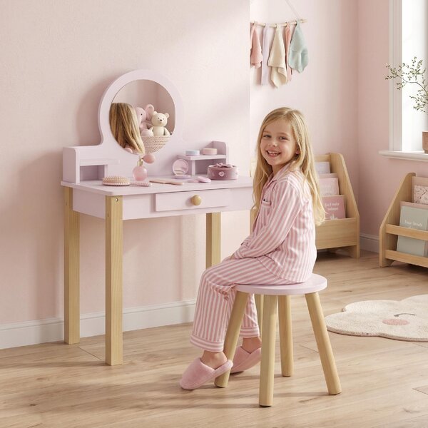 DecHome Set Toeletta Trucco per Bambini 3-6 Anni con Sgabello Specchio e Cassetto in Legno colore Rosa
