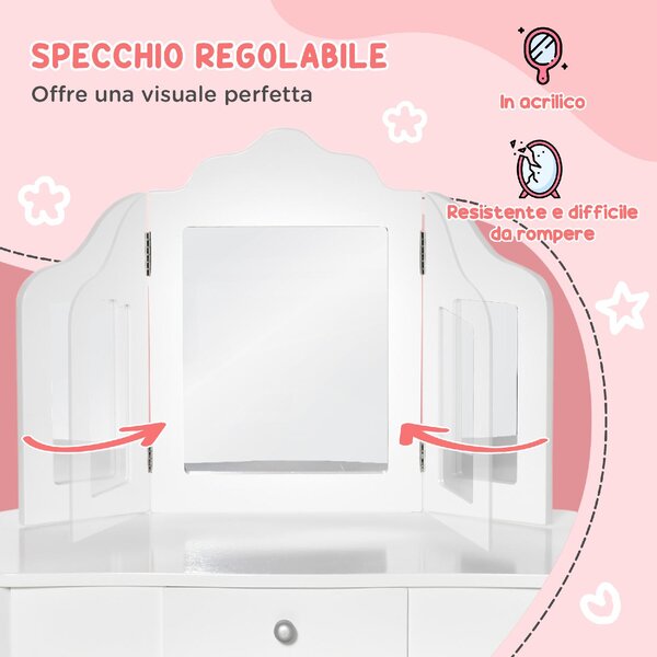 DecHome Toeletta per Bambini con Sgabello e Triplo Specchio in Legno e Acrilico 63x40x85.5 cm colore Bianco