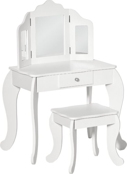 DecHome Toeletta per Bambini con Sgabello e Triplo Specchio in Legno e Acrilico 63x40x85.5 cm colore Bianco
