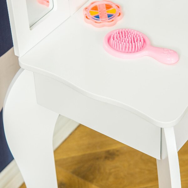 DecHome Toeletta per Bambini con Sgabello e Triplo Specchio in Legno e Acrilico 63x40x85.5 cm colore Bianco