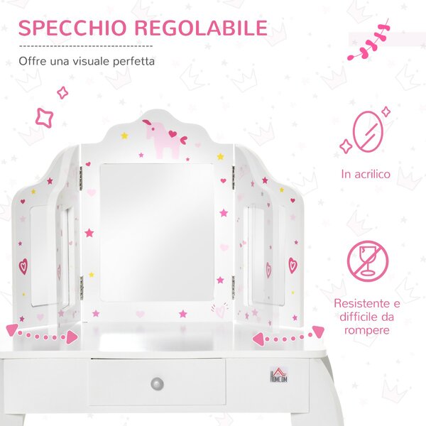 DecHome Toeletta per Bambini con Sgabello in Legno Tavolo Trucco con Triplo Specchio e Cassetto 63x40x85.5cm Bianco