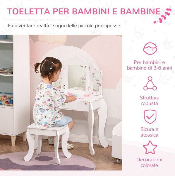 DecHome Toeletta per Bambini con Sgabello in Legno Tavolo Trucco con Triplo Specchio e Cassetto 63x40x85.5cm Bianco