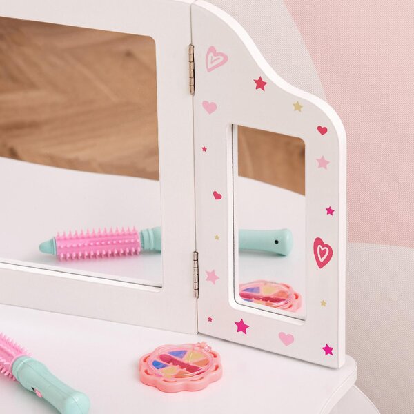 DecHome Toeletta per Bambini con Sgabello in Legno Tavolo Trucco con Triplo Specchio e Cassetto 63x40x85.5cm Bianco