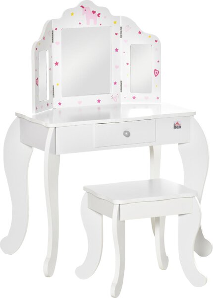 DecHome Toeletta per Bambini con Sgabello in Legno Tavolo Trucco con Triplo Specchio e Cassetto 63x40x85.5cm Bianco