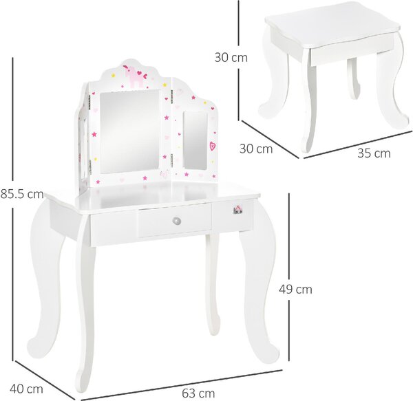 DecHome Toeletta per Bambini con Sgabello in Legno Tavolo Trucco con Triplo Specchio e Cassetto 63x40x85.5cm Bianco