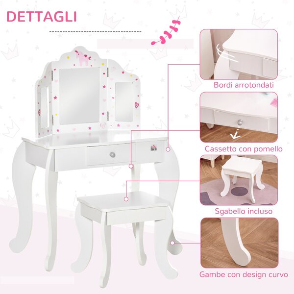 DecHome Toeletta per Bambini con Sgabello in Legno Tavolo Trucco con Triplo Specchio e Cassetto 63x40x85.5cm Bianco