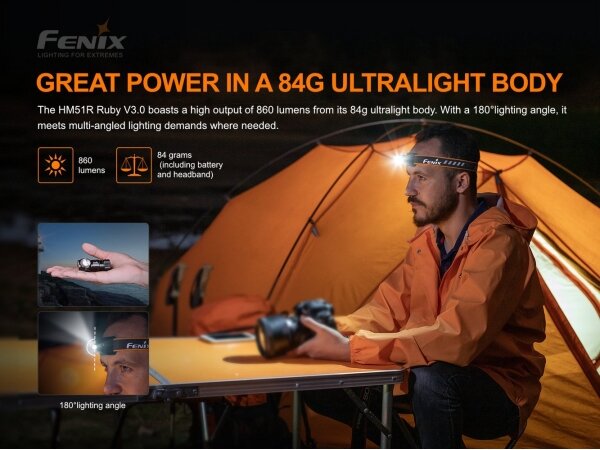 Fenix HM51RV30 - Lampada frontale a LED ricaricabile con dimmer, USB, batteria 950mAh, IP68, 860 lm, 125 h, arancione