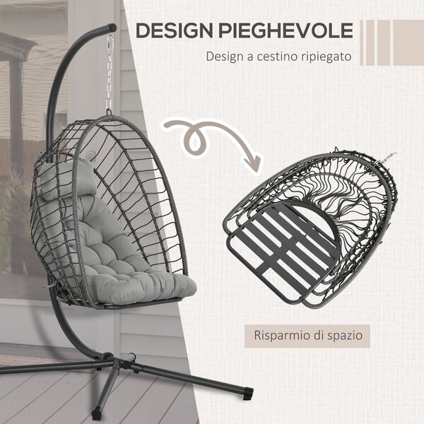 Outsunny Poltrona Sospesa in Rattan PE con Cuscino, Seduta Pieghevole e Struttura in Acciaio, Grigio|Aosom