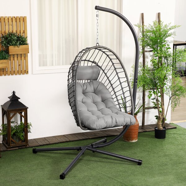 Outsunny Poltrona Sospesa in Rattan PE con Cuscino, Seduta Pieghevole e Struttura in Acciaio, Grigio|Aosom