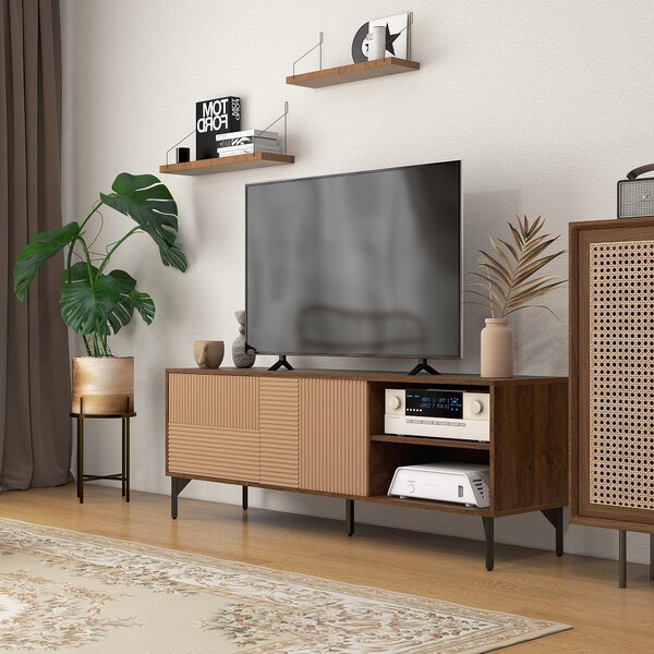 HOMCOM Mobile Porta TV fino 65" con 2 Armadietti e 2 Vani Aperti in Legno, 150x40x56cm, Marrone|Aosom