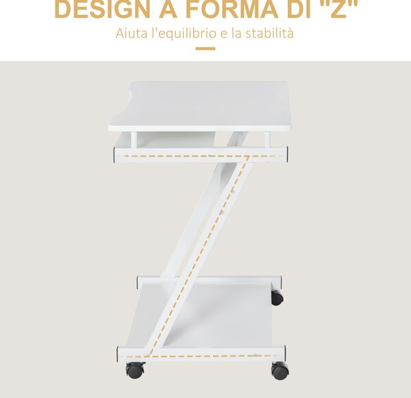 HOMCOM Tavolo Porta PC Classico e Salvaspazio, Piano Tastiera a Scomparsa, 4 Ruote e Ripiano Inferiore Bianco 60x48x73cm|Aosom